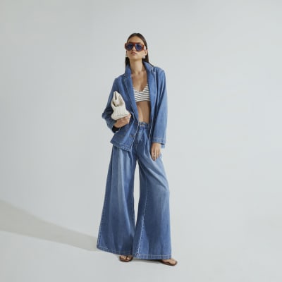 Blue Tailored Wide Leg Jeans