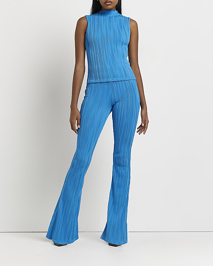 Blue textured flared trousers