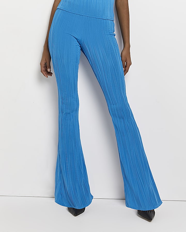 Blue textured flared trousers