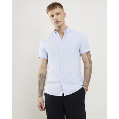 Blue Textured Muscle Fit Short Sleeve Shirt