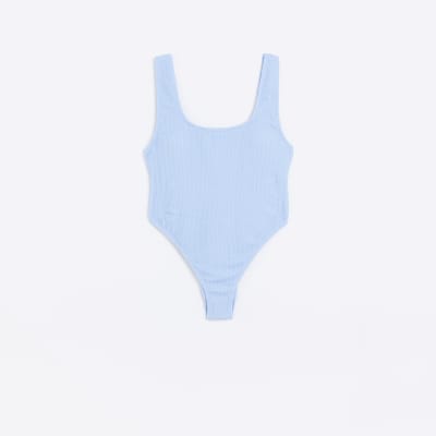 Blue textured scoop neck swimsuit River Island