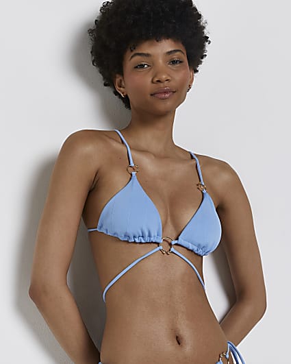 Blue textured strappy triangle bikini top