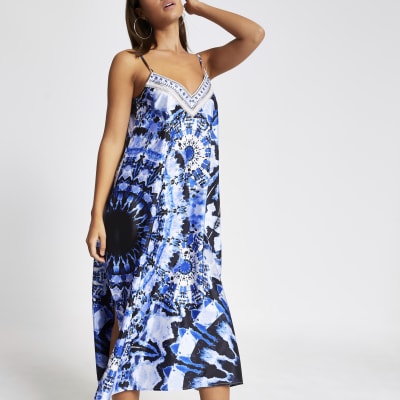 Blue tie dye embellished slip beach dress  River Island