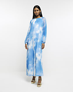Blue Tie Dye Long Sleeve Maxi Dress