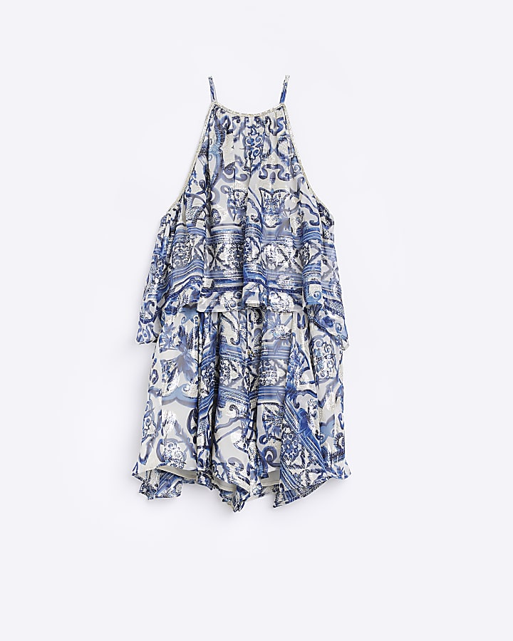 Blue tile print tiered playsuit