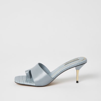 Blue toe loop mule heeled sandals 