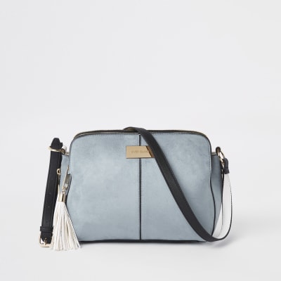 Blue triple compartment cross body bag