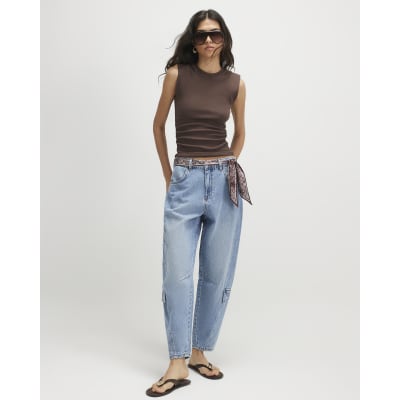 Blue Utility Pleat Barrel Leg Jeans