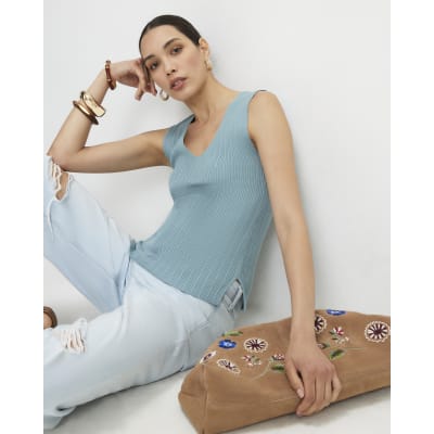 Blue V Neck Rib Knit Top