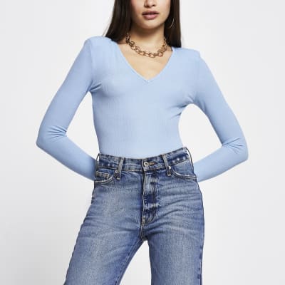 Blue v neck shoulder pad body suit