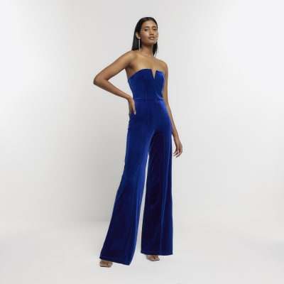 Blue velvet bandeau jumpsuit | River Island