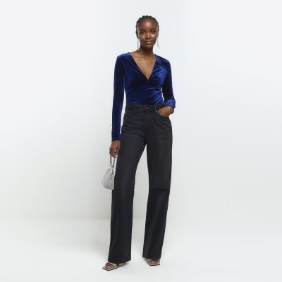 Blue velvet plunge bodysuit River Island