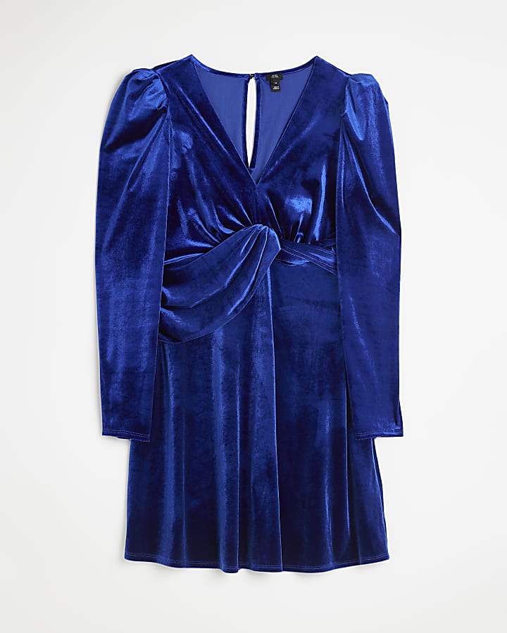 Blue velvet ruched swing mini dress