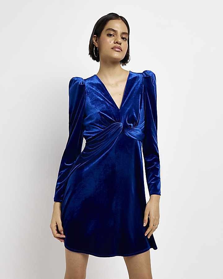 Blue velvet ruched swing mini dress