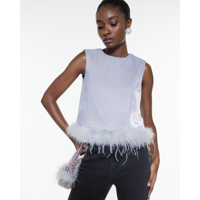 Blue Velvet Sleeveless Feather Trim Top
