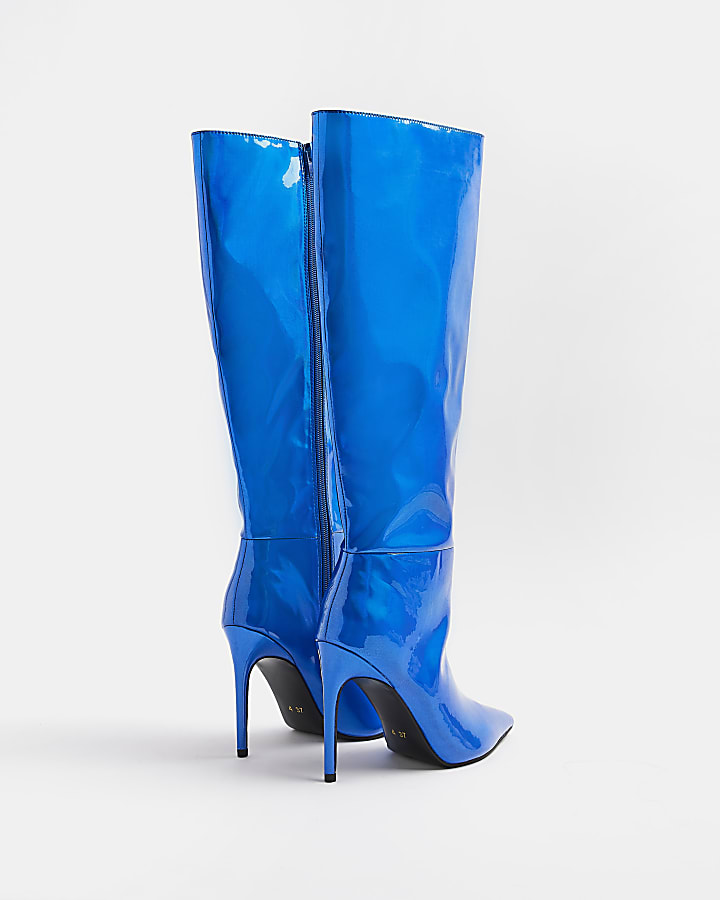Blue vinyl heeled knee high boots