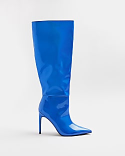 Blue vinyl heeled knee high boots