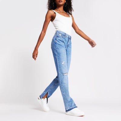 split hem straight leg jeans