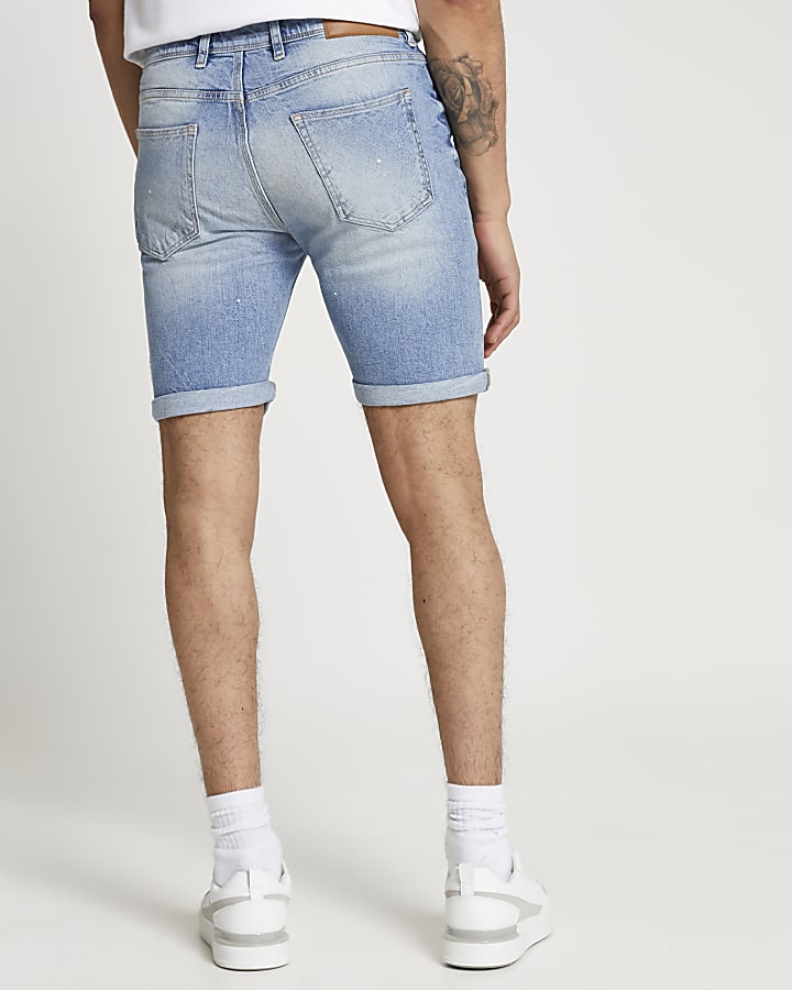 Blue washed ripped slim fit shorts