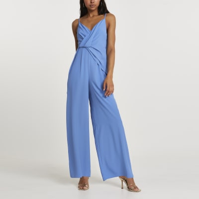 Blue wide leg backless jumpsuit River Island