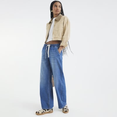 Blue Wide Leg Drawstring Jeans