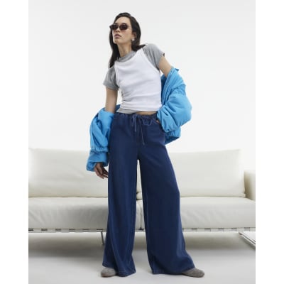 Blue Wide Leg Pyjama Style Drawstring Jeans
