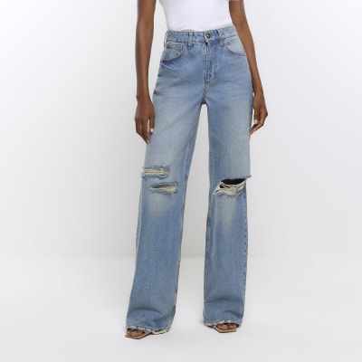 Isla Ripped Wide Leg Jeans - Blue / S