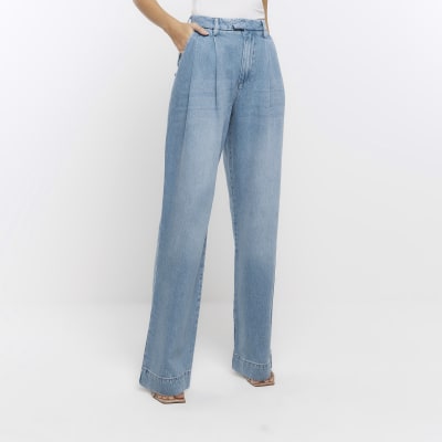 Blue wide leg tailored jeans | River Island