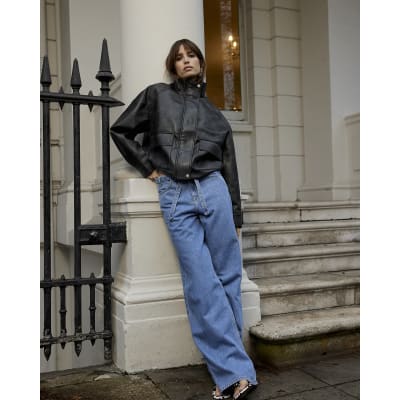Blue Wide Leg Tie Front Jeans