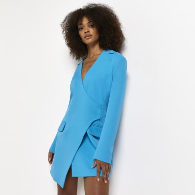 Blue wrap mini blazer dress | River Island