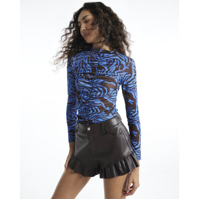Zebra Print Long Sleeve Ruched Front Top