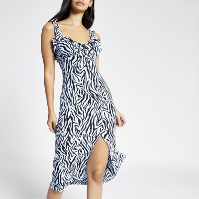 Blue Zebra Print Midi Dress River Island