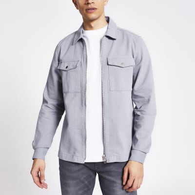 Blue zip front regular fit overshirt
