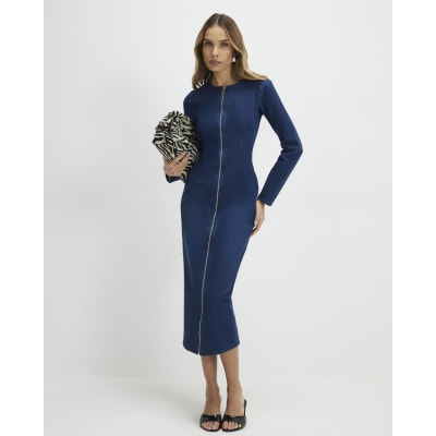 Blue Zip Through Denim Midi Dress | River Island