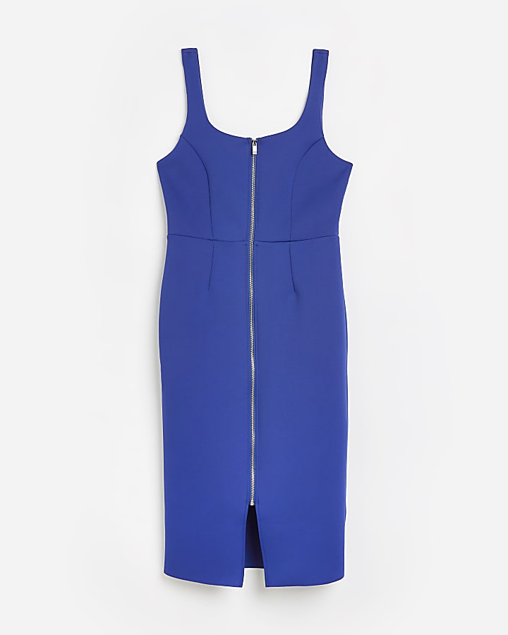Blue zip up midi bodycon dress