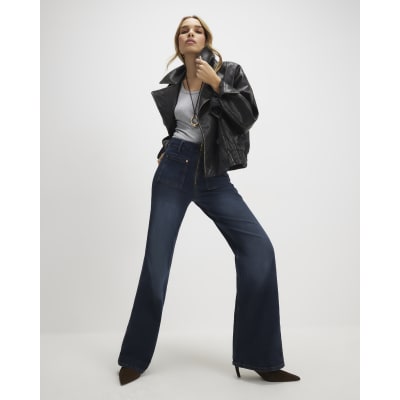 Blue zip up relaxed flare jeans