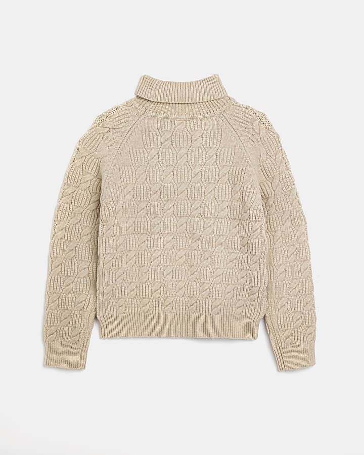 Boys Beige Cable Roll Neck jumper