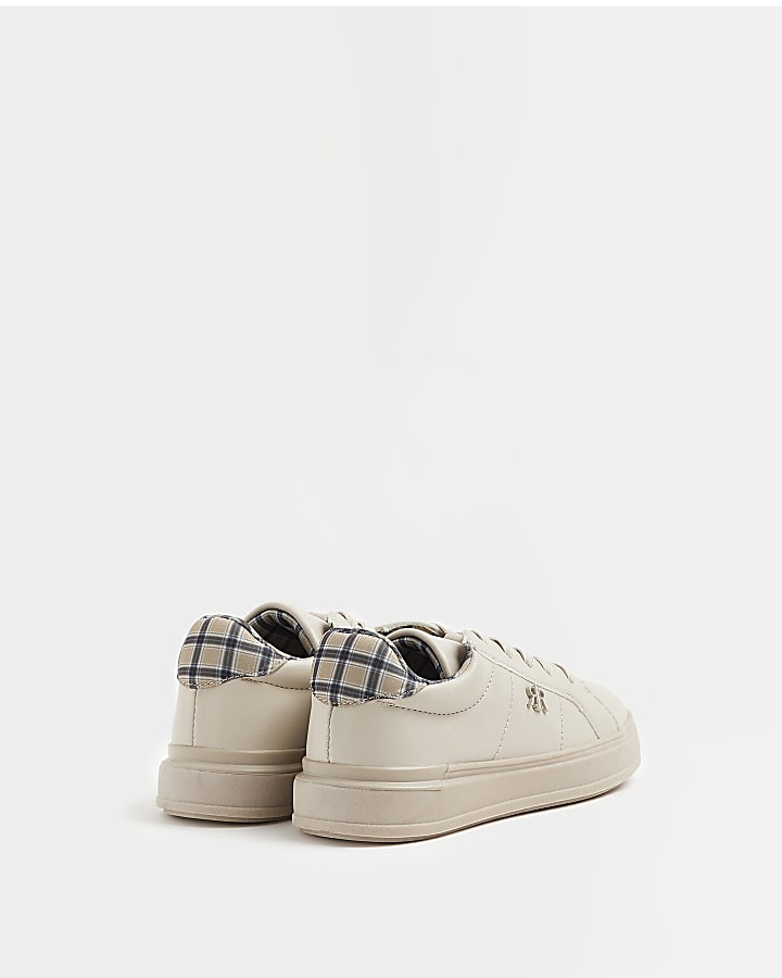 bOYS Beige Check Lined Plimsole Trainers