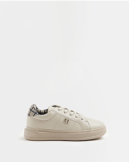 bOYS Beige Check Lined Plimsole Trainers