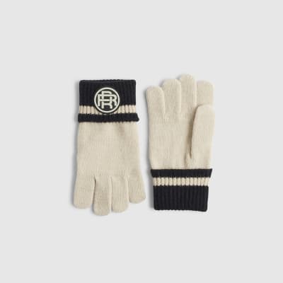 Boys Beige Colour Block Knitted Gloves