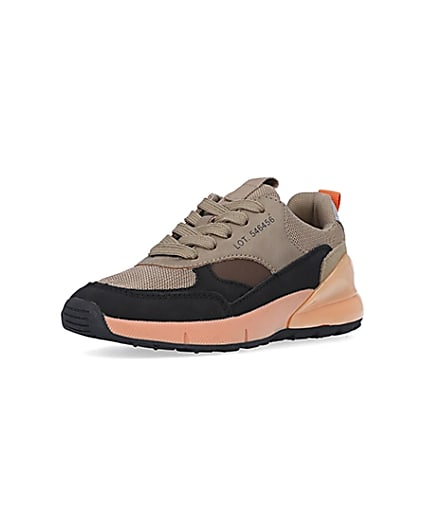 360 degree animation of product Boys beige colour block runner trainers frame-0