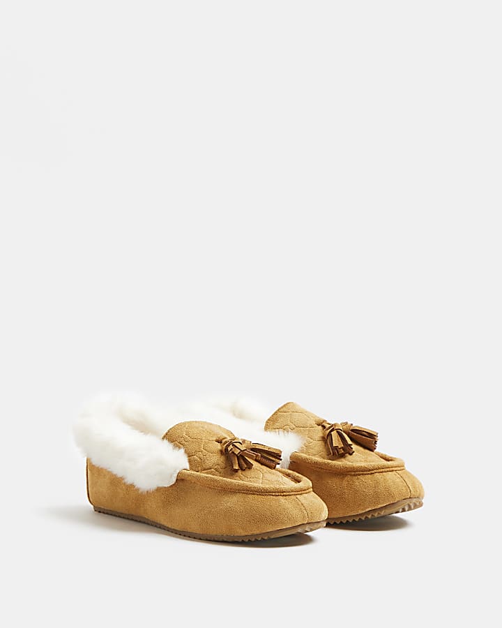Boys beige faux fur slippers