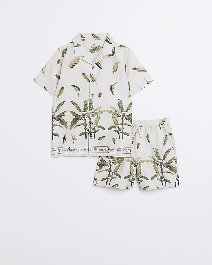 Boys beige tropical print shirt set