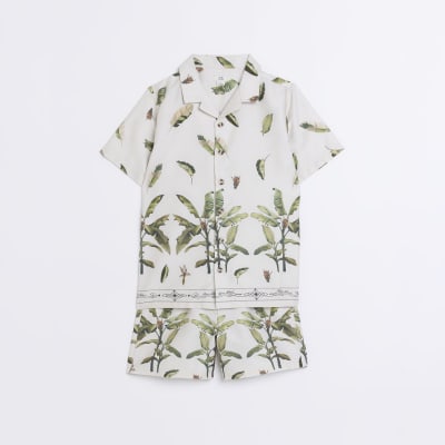 Boys beige tropical print shirt set