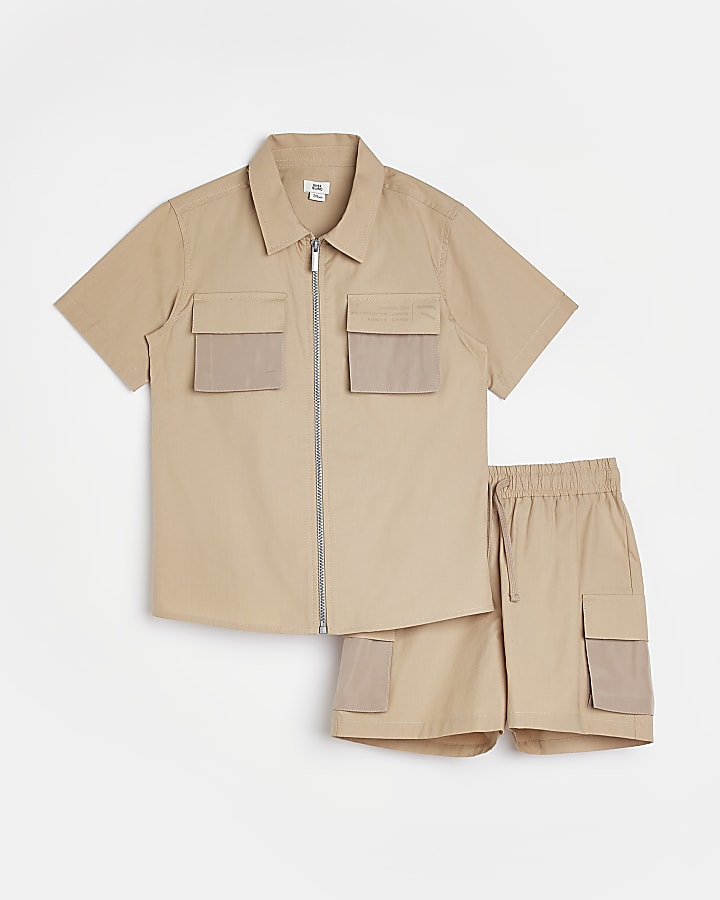 Boys beige utility shirt and shorts outfit
