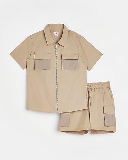 Boys beige utility shirt and shorts outfit