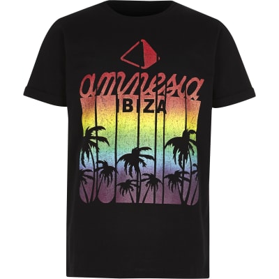 Boys black 'Amnesia Ibiza' print T-shirt
