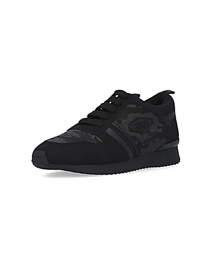 360 degree animation of product Boys Black Camo Jacquard Runner trainers frame-0