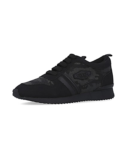 360 degree animation of product Boys Black Camo Jacquard Runner trainers frame-1