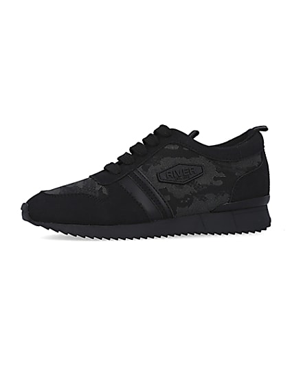 360 degree animation of product Boys Black Camo Jacquard Runner trainers frame-2